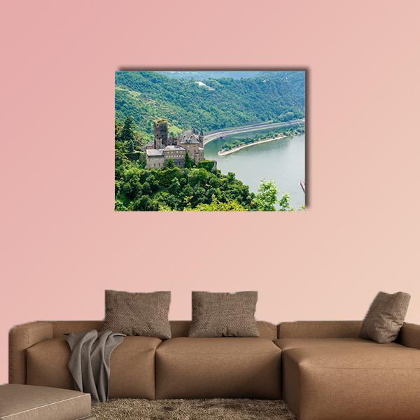Katz Castle Germany Canvas Wall Art in gray, green and blue, single panel hung on a wall