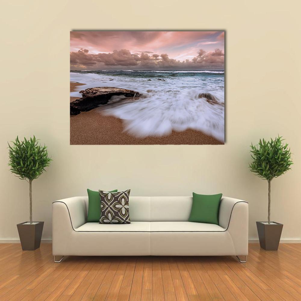 Kauai Beach Sunrise Seascape Canvas Wall Art in brown, blue and pink, single panel hung on a wall