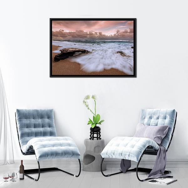 Driftwood on Beach with Long Exposure Waves Canvas Wall Art in white, brown and pink, framed canvas, product view on a white background