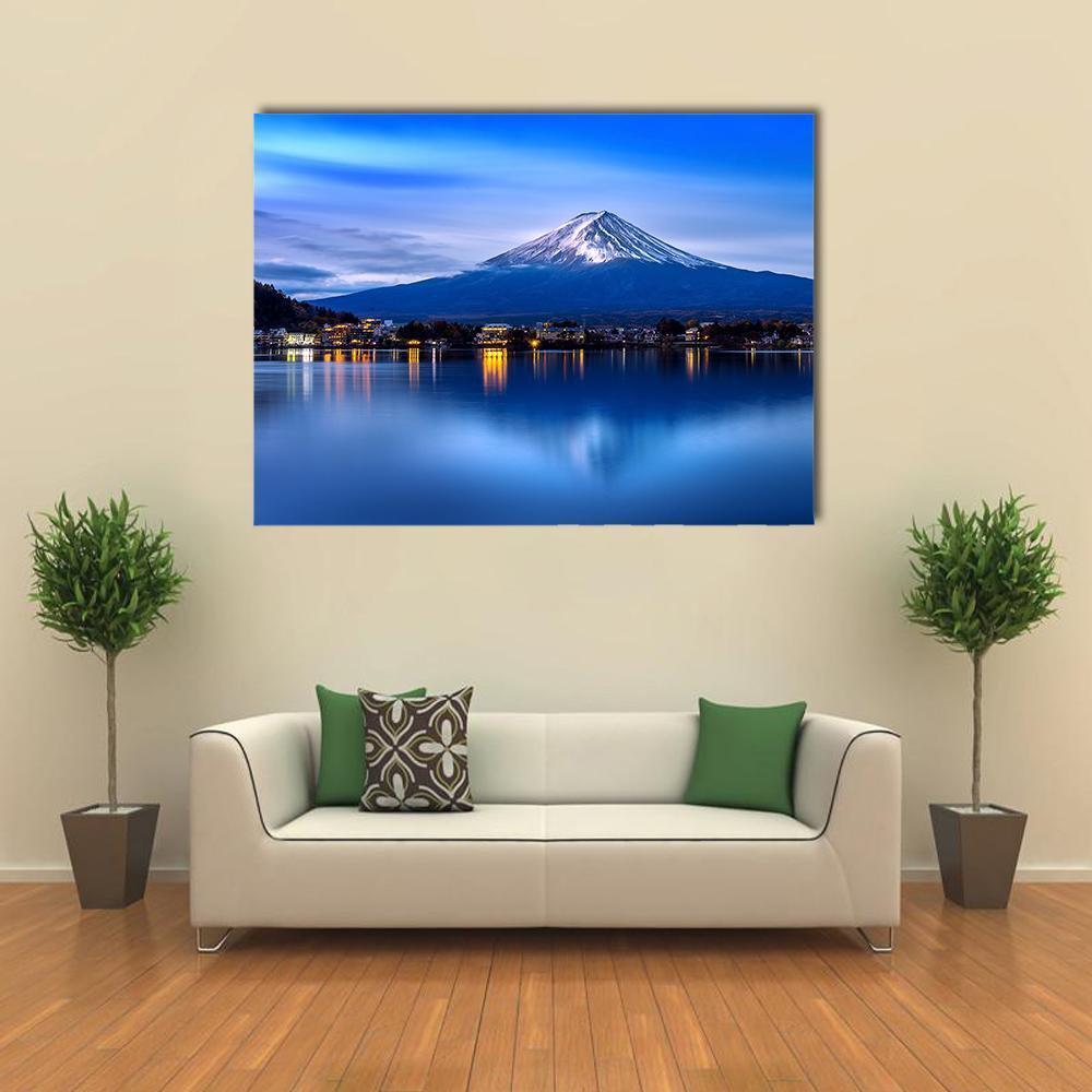 Mount Fuji Over Lakeside Town Canvas Wall Art in white, blue and navy, single panel hung on a wall