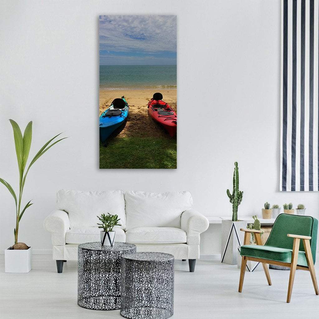 Kayaks On Tropical Beach Vertical Canvas Wall Art-3 Vertical-Gallery Wrap-12" x 25"-Tiaracle