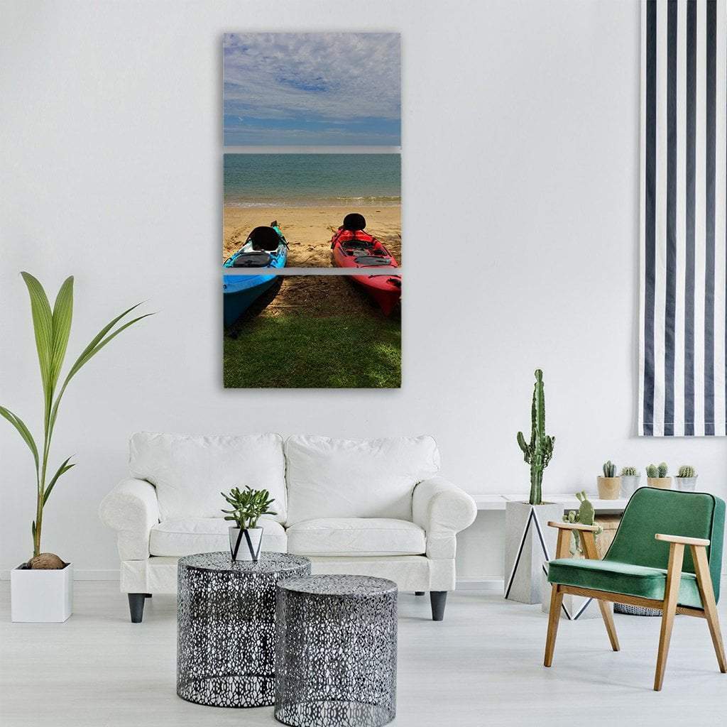 Kayaks On Tropical Beach Vertical Canvas Wall Art-3 Vertical-Gallery Wrap-12" x 25"-Tiaracle