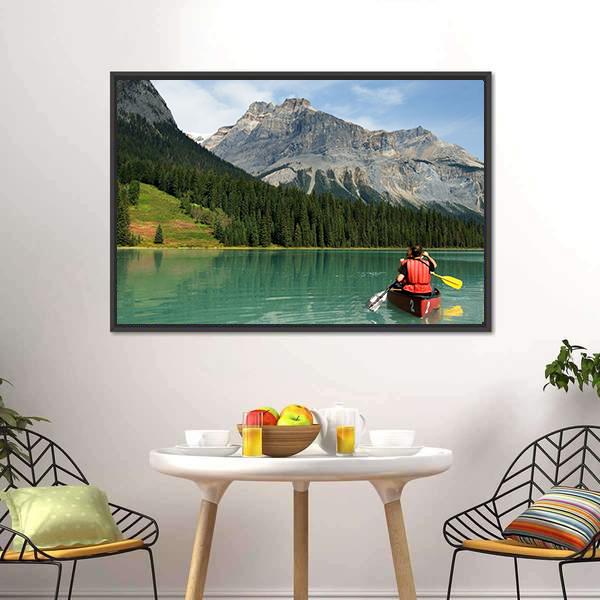 Kayak In Emerald Lake Canvas Wall Art-1 Piece-Floating Frame-24" x 16"-Tiaracle