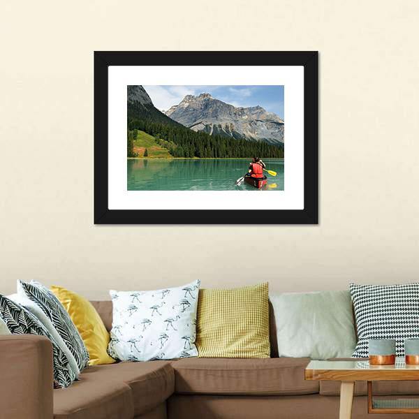 Kayak In Emerald Lake Canvas Wall Art-1 Piece-Framed Print-20" x 16"-Tiaracle