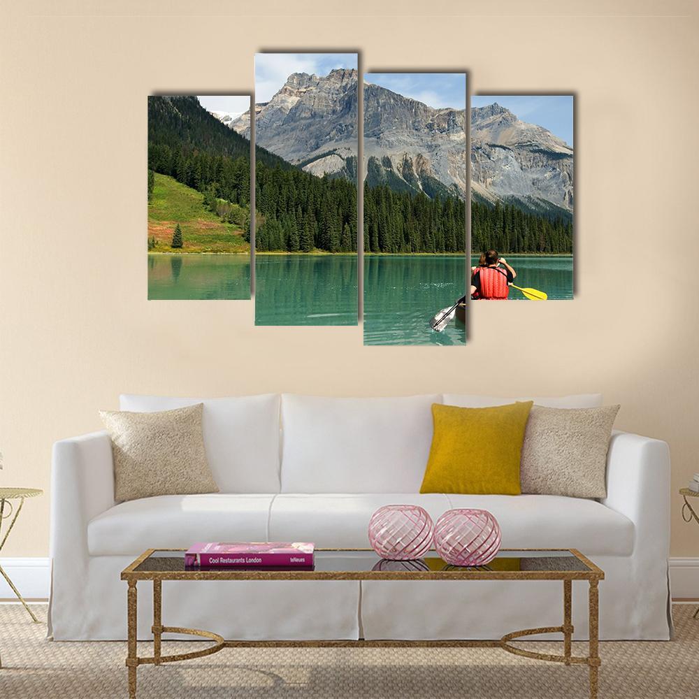 Kayak In Emerald Lake Canvas Wall Art-4 Pop-Gallery Wrap-50" x 32"-Tiaracle