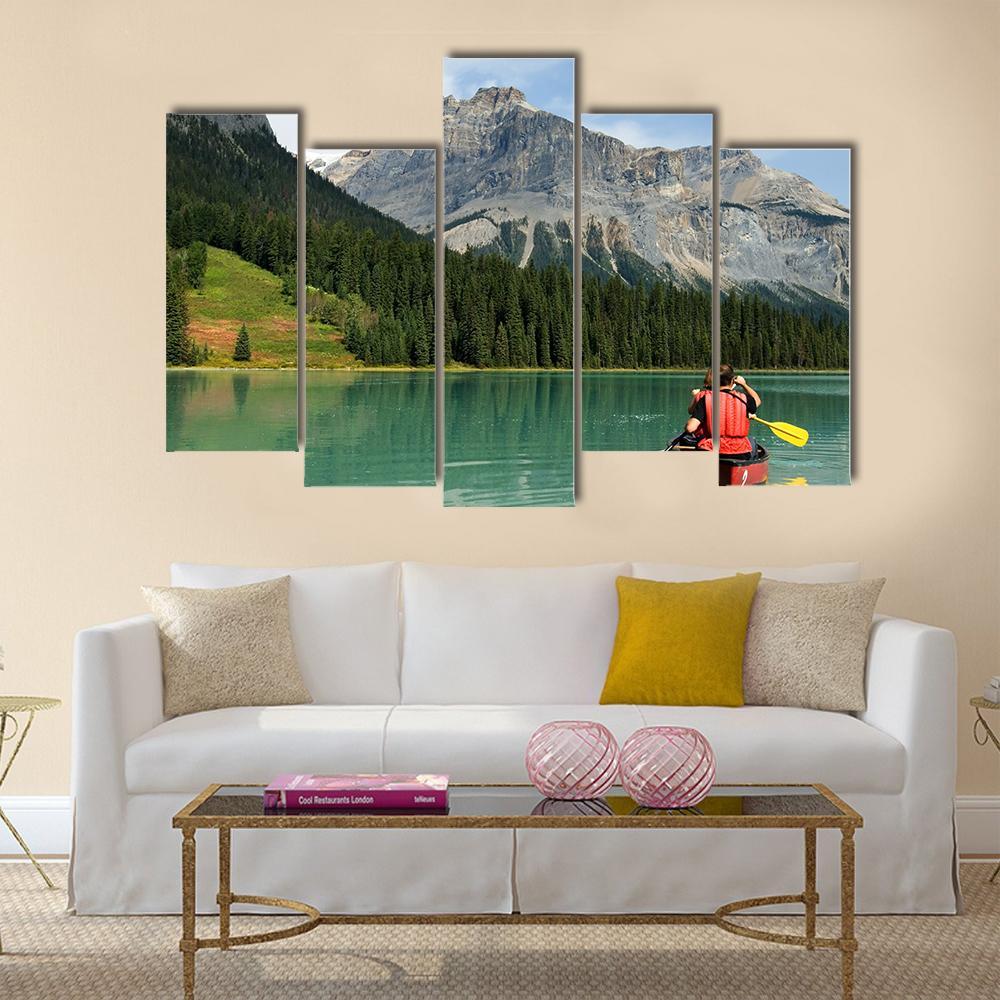 Kayak In Emerald Lake Canvas Wall Art-5 Pop-Gallery Wrap-47" x 32"-Tiaracle