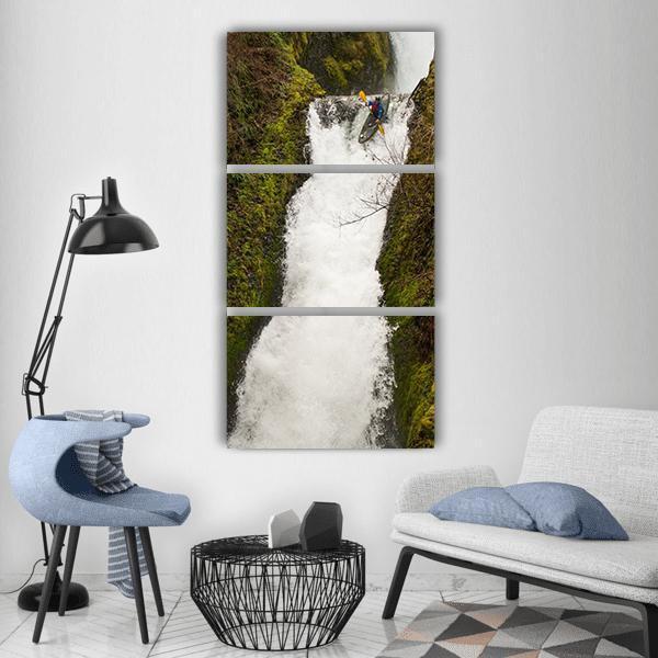 Kayak In Oregon Waterfall Vertical Canvas Wall Art-3 Vertical-Gallery Wrap-12" x 25"-Tiaracle
