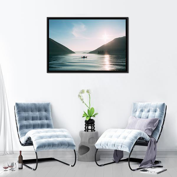 Kayaker at Sunset on Mountain Lake Canvas Wall Art in white and blue, framed canvas, product view on a white background
