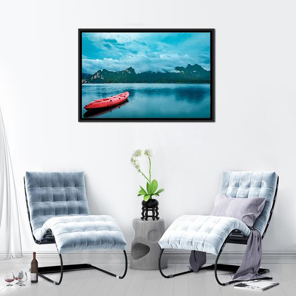 Kayak On Lake At Ratchaprapha Dam Canvas Wall Art-1 Piece-Floating Frame-24" x 16"-Tiaracle