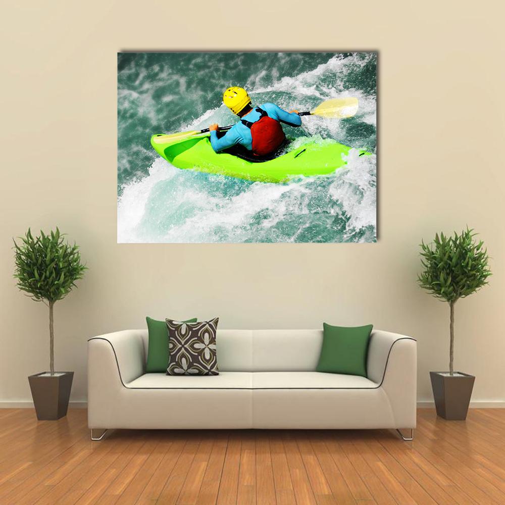 Whitewater Kayaker in Lime Green Kayak Canvas Wall Art in white, green and blue, single panel hung on a wall
