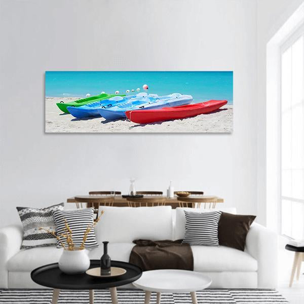 Kayaks On Beach Panoramic Canvas Wall Art-3 Piece-25" x 08"-Tiaracle