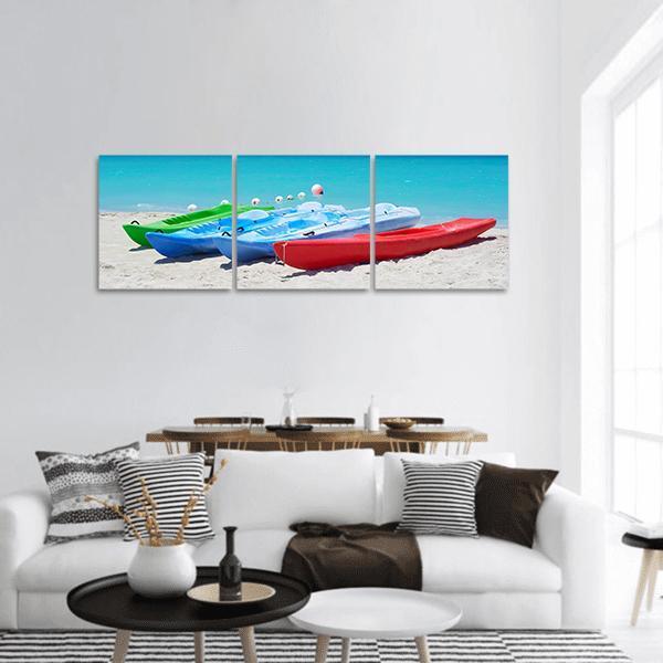 Kayaks On Beach Panoramic Canvas Wall Art-3 Piece-25&quot; x 08&quot;-Tiaracle
