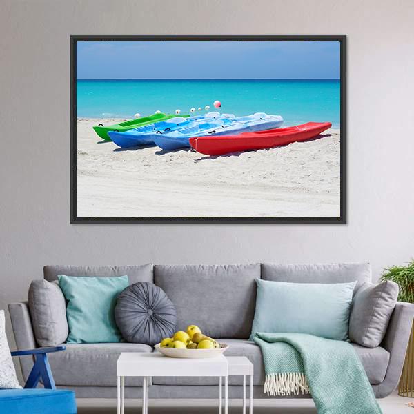 Kayaks On Beach Canvas Wall Art-5 Horizontal-Gallery Wrap-22" x 12"-Tiaracle