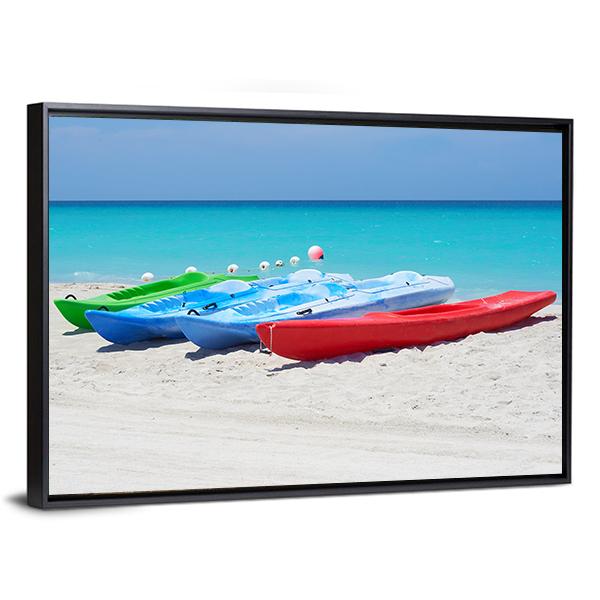 Kayaks On Beach Canvas Wall Art-5 Horizontal-Gallery Wrap-22&quot; x 12&quot;-Tiaracle