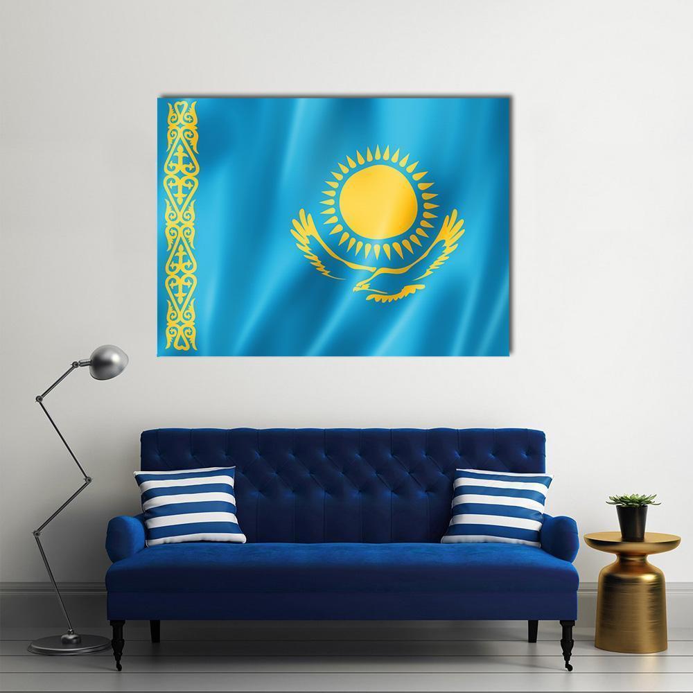 Kazakhstan Flag with Sun and Eagle Canvas Wall Art in gold, yellow and blue, single panel hung on a wall