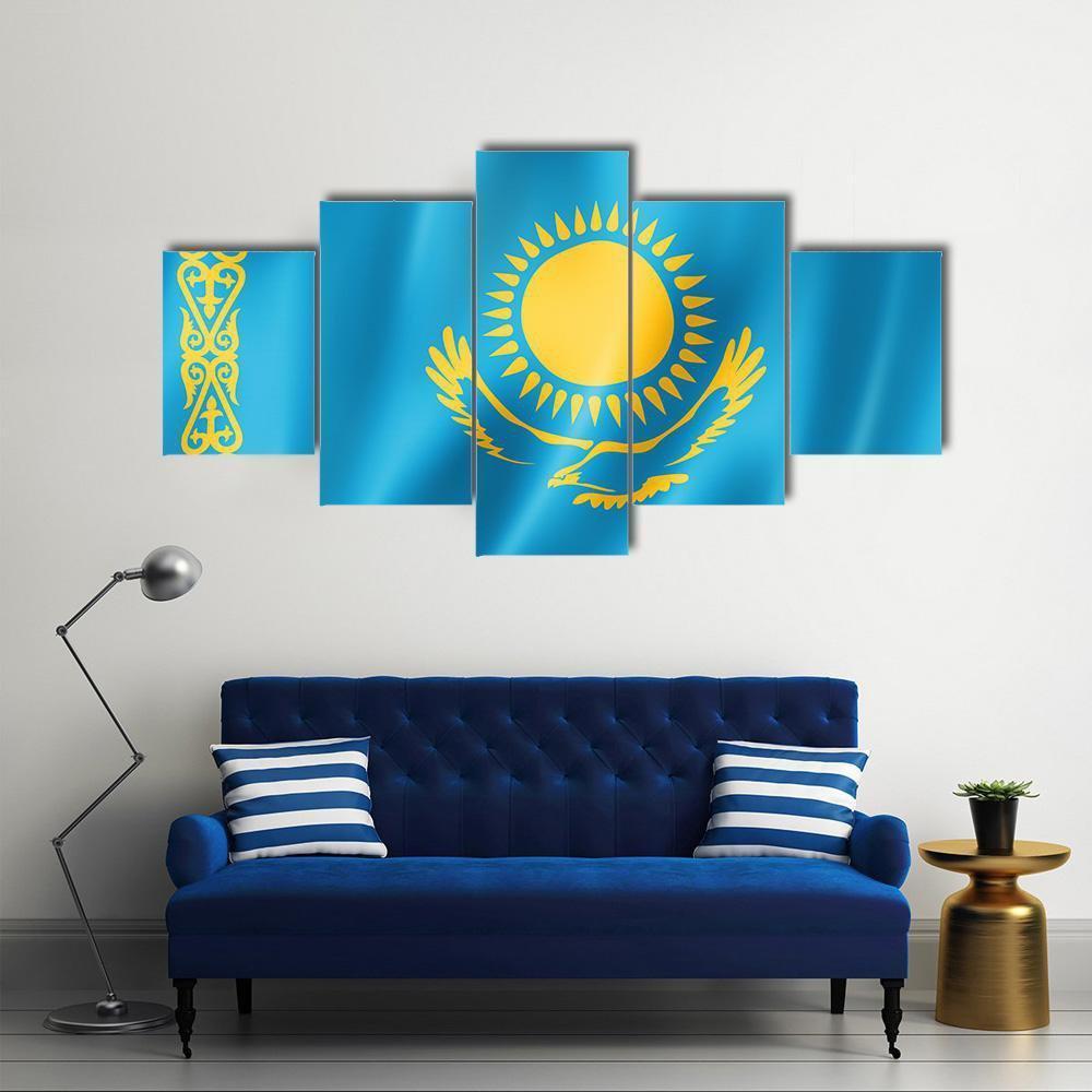 Kazakhstan Flag Canvas Wall Art-5 Star-Gallery Wrap-62" x 32"-Tiaracle