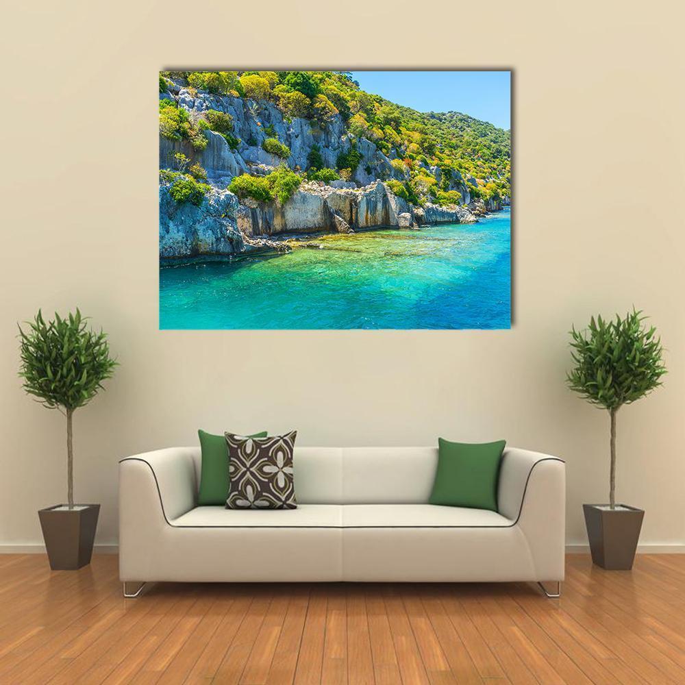 Kekova Island Turquoise Coast Canvas Wall Art in gray, green and blue, single panel hung on a wall