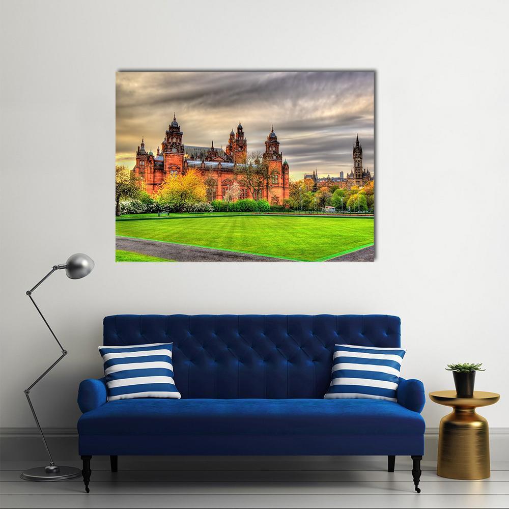 Kelvingrove Museum with Ornate Spires Canvas Wall Art in gray, brown and green, single panel hung on a wall