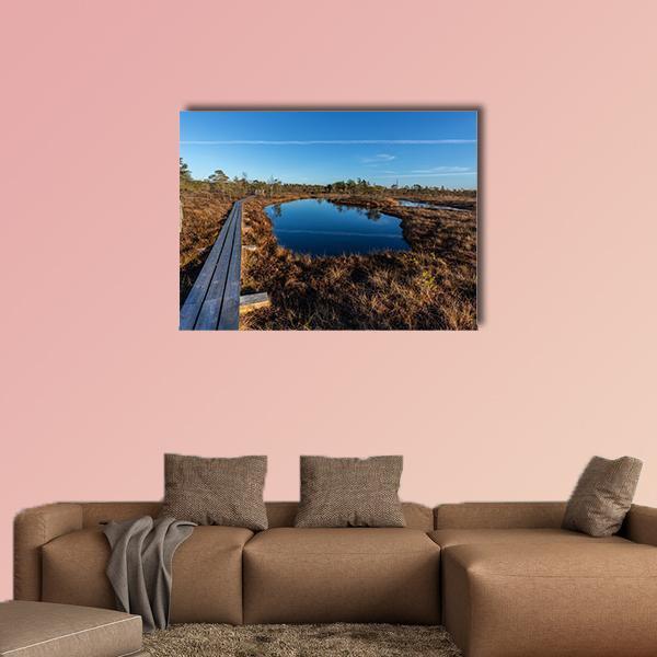 Kemeri National Park Boardwalk Canvas Wall Art in brown and blue, single panel hung on a wall