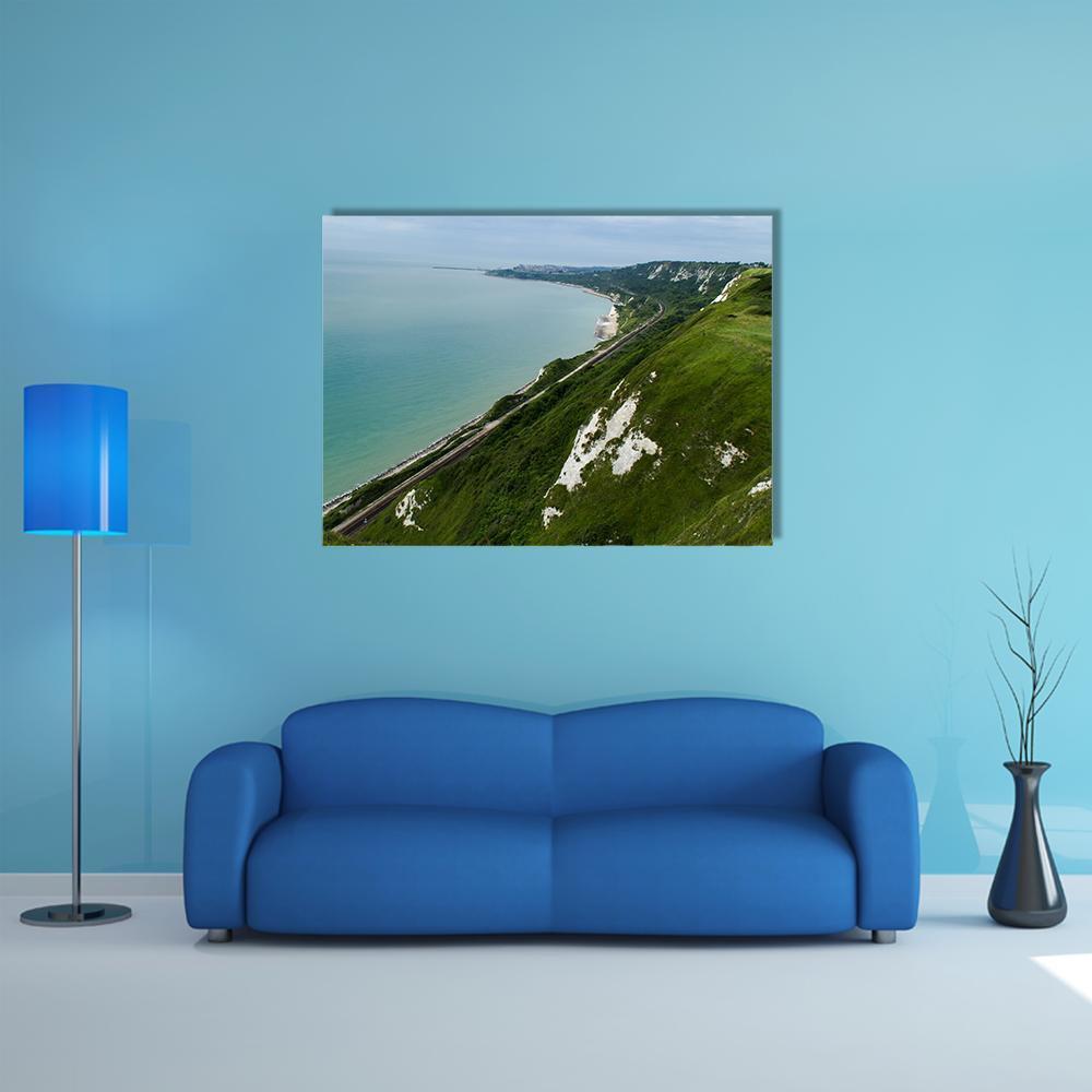 Kent Coastline Between Dover Canvas Wall Art in white, green and blue, single panel hung on a wall