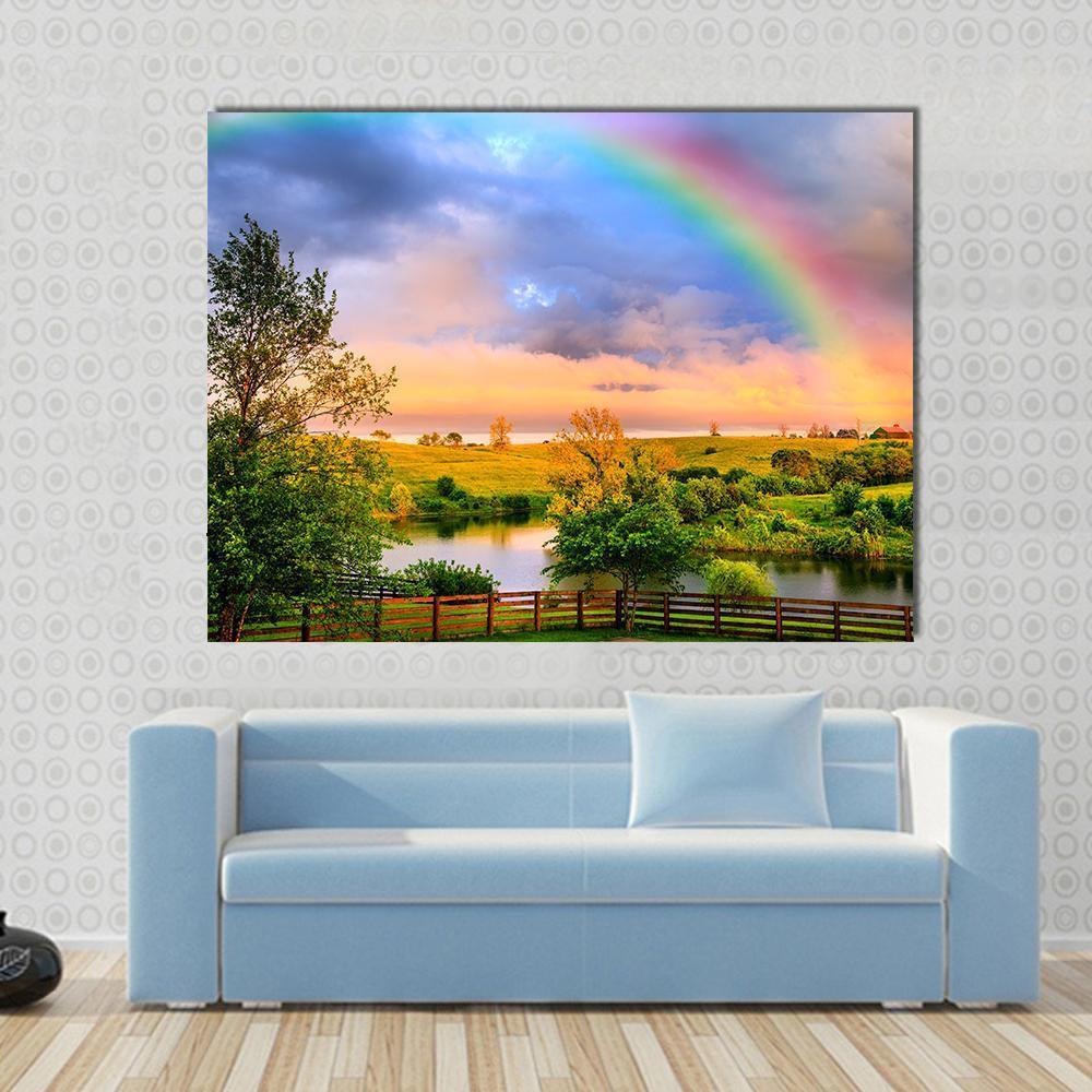 Kentucky Countryside Canvas Wall Art in yellow, green and blue, single panel hung on a wall