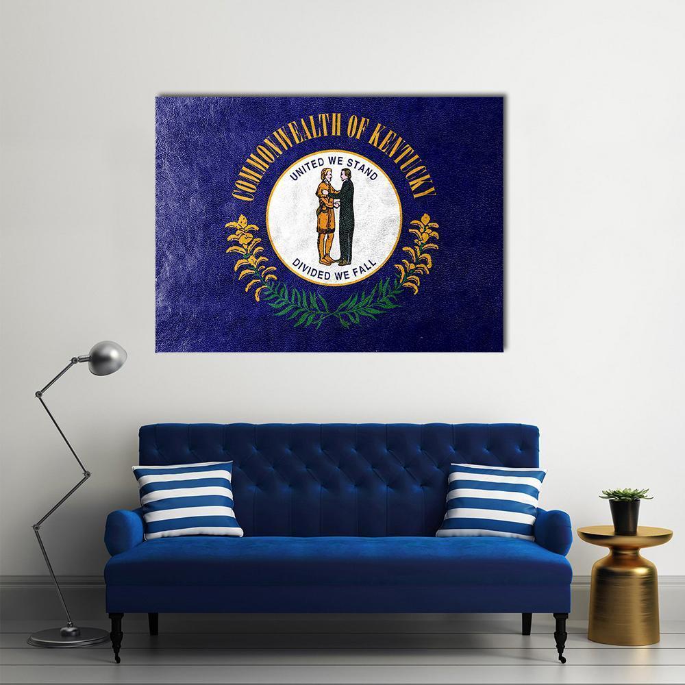 Kentucky State Flag with Goldenrod Wreath Canvas Wall Art in white, gold and blue, single panel hung on a wall
