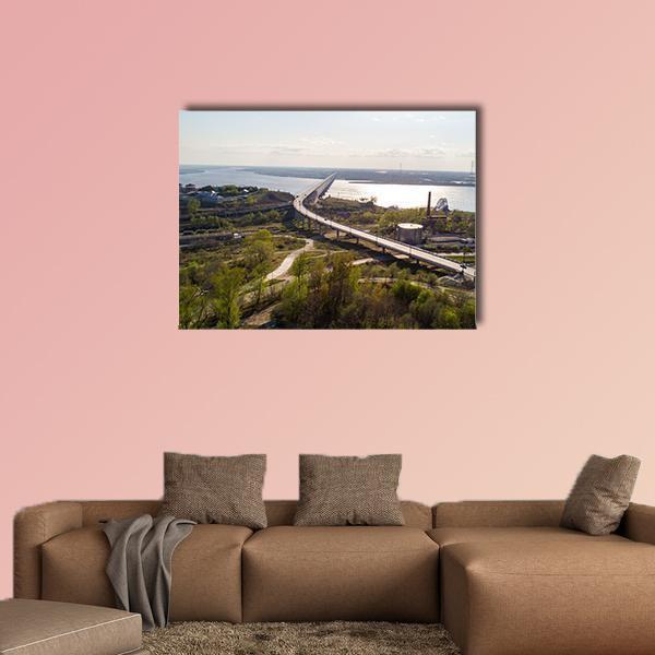 Khabarovsk Bridge Aerial View Canvas Wall Art in gray, green and blue, single panel hung on a wall