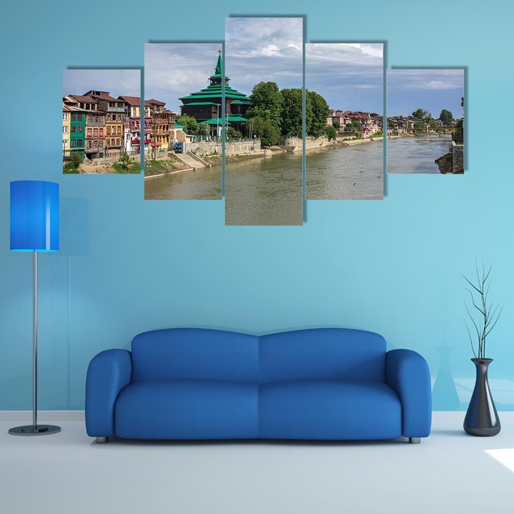 Khanqah-e-moula Mosque at Riverfront Canvas Wall Art in brown, green and blue, 5 panel Star layout hung on a wall