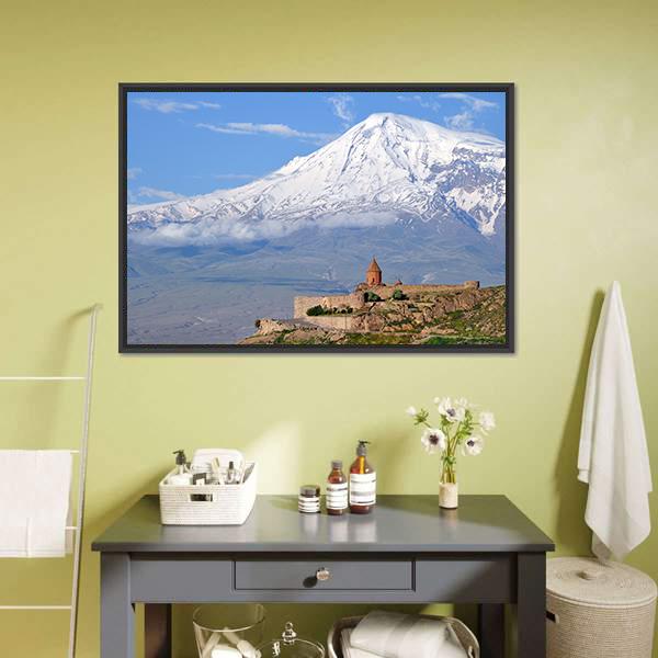 Khor Virap Monastery with Snow-capped Peak Canvas Wall Art in white, brown and blue, framed canvas, product view on a white background