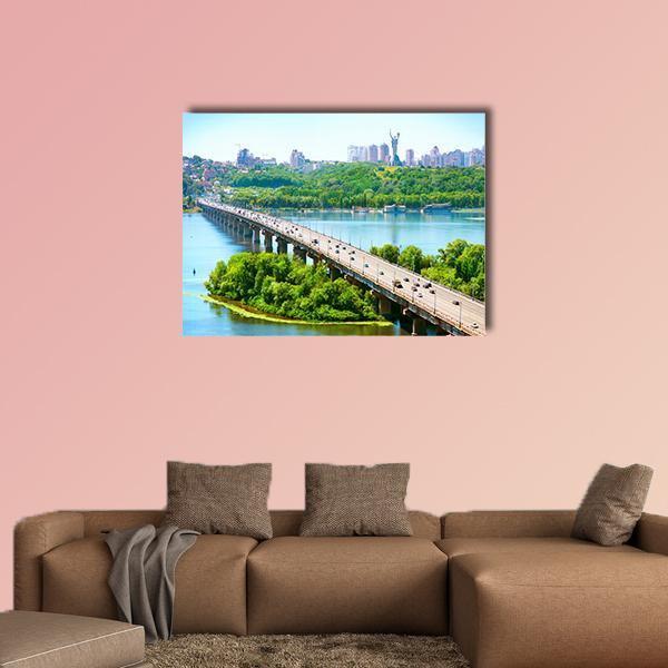 Kiev City Bridge and River Skyline Canvas Wall Art in green and blue, single panel hung on a wall