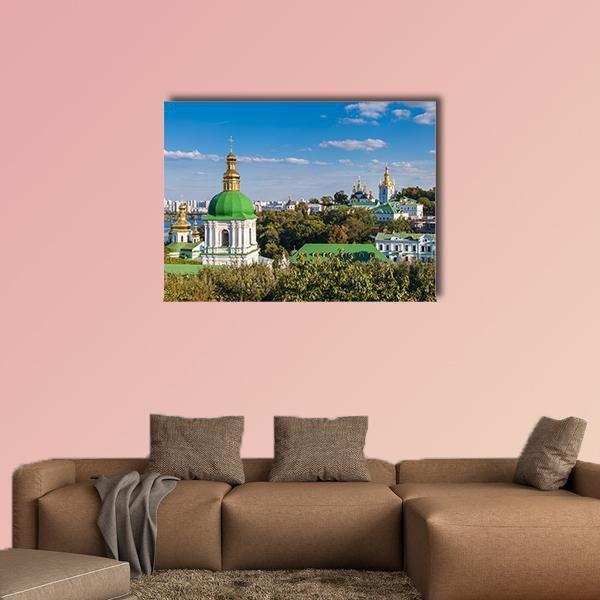 Kiev Pechersk Lavra, Ukraine Canvas Wall Art in white, green and blue, single panel hung on a wall