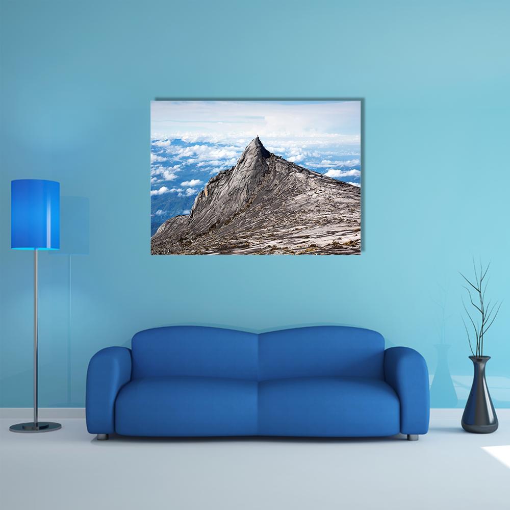 Kinabalu Mountain Above the Clouds Canvas Wall Art in white, gray and blue, single panel hung on a wall