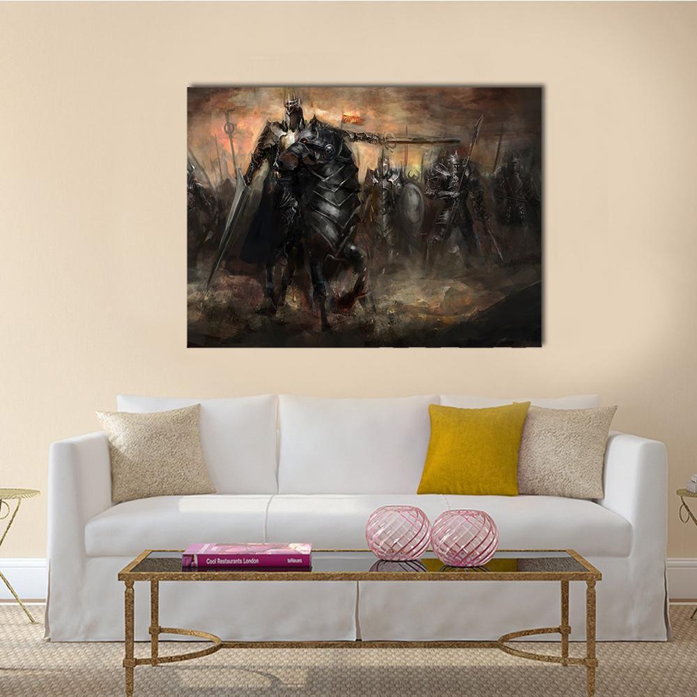 King Leading His Army Canvas Wall Art in black, brown and orange, single panel hung on a wall