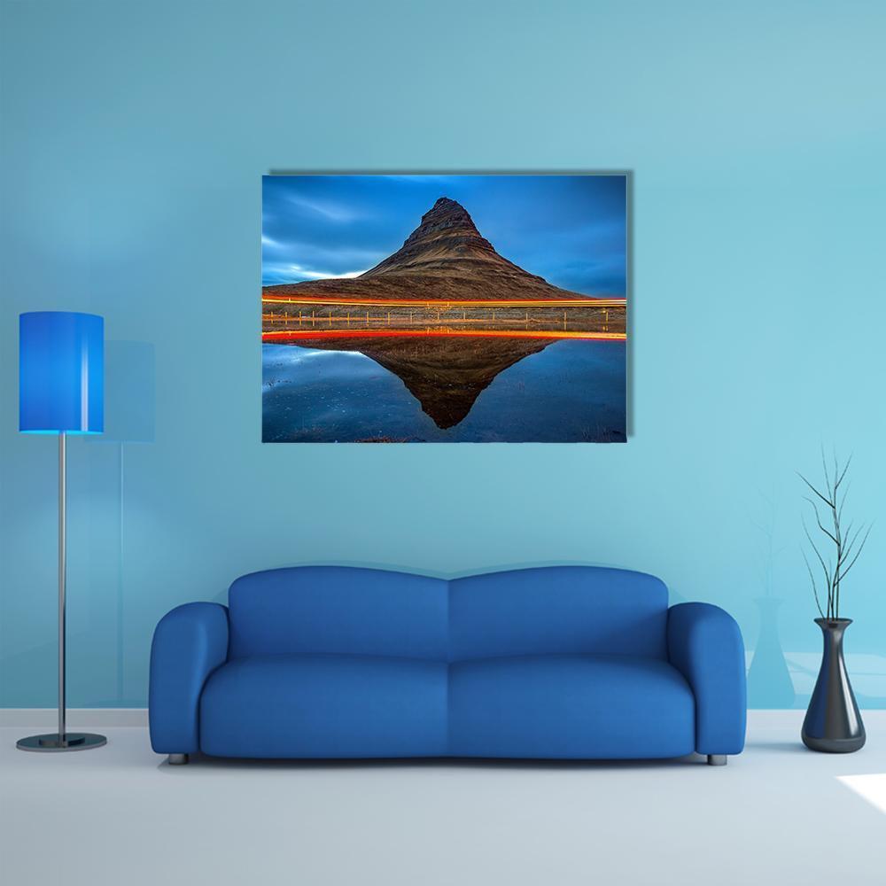Kirkjufell Night Reflection Canvas Wall Art in brown, orange and blue, single panel hung on a wall