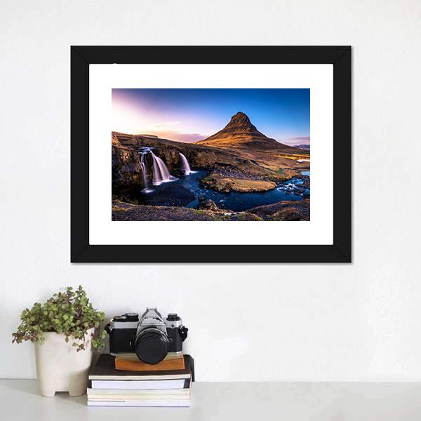 Kirkjufell Waterfall &amp; Mountain Canvas Wall Art-1 Piece-Framed Print-20" x 16"-Tiaracle