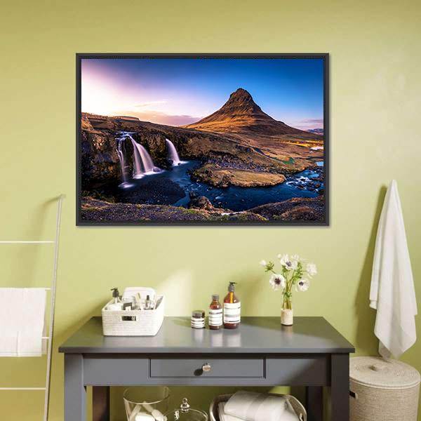 Kirkjufell Waterfall & Mountain Canvas Wall Art-1 Piece-Floating Frame-24" x 16"-Tiaracle