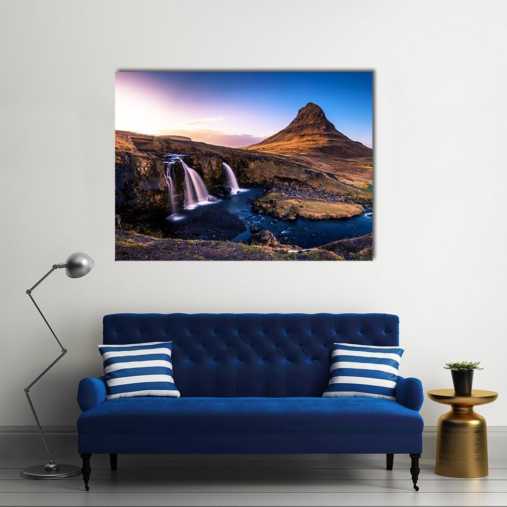 Kirkjufell Waterfall & Mountain Canvas Wall Art-4 Horizontal-Gallery Wrap-34" x 24"-Tiaracle