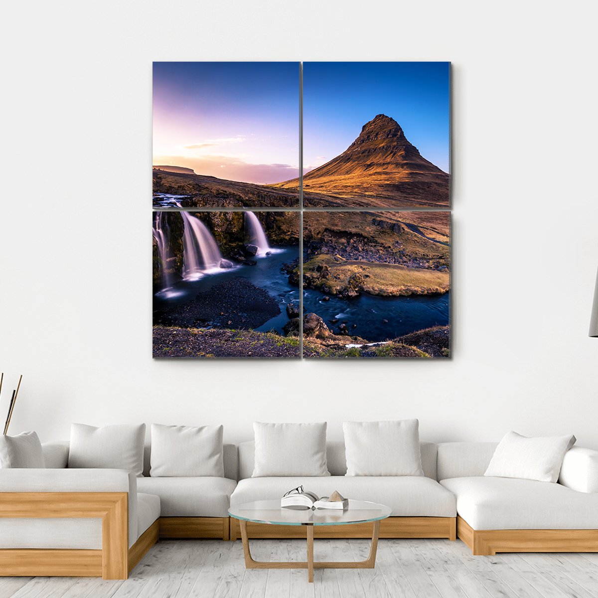 Kirkjufell Waterfall & Mountain Canvas Wall Art-4 Square-Gallery Wrap-17" x 17"-Tiaracle