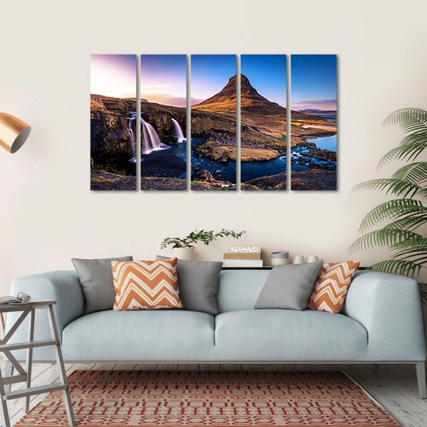 Kirkjufell Waterfall &amp; Mountain Canvas Wall Art-5 Horizontal-Gallery Wrap-22" x 12"-Tiaracle