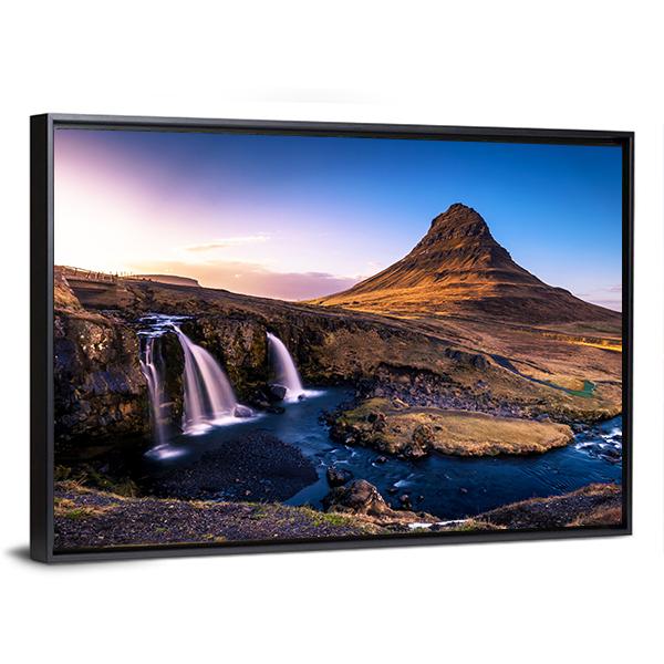 Kirkjufell Waterfall &amp; Mountain Canvas Wall Art-3 Horizontal-Gallery Wrap-25" x 16"-Tiaracle