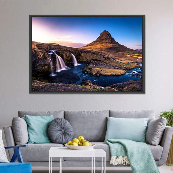 Kirkjufell Waterfall &amp; Mountain Canvas Wall Art-5 Horizontal-Gallery Wrap-22" x 12"-Tiaracle