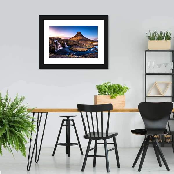 Kirkjufell Waterfall &amp; Mountain Canvas Wall Art-3 Horizontal-Gallery Wrap-25" x 16"-Tiaracle