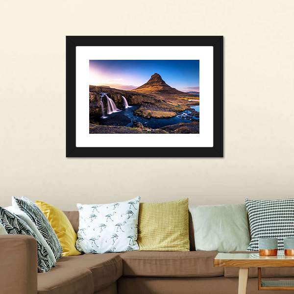 Kirkjufell Waterfall &amp; Mountain Canvas Wall Art-3 Horizontal-Gallery Wrap-25" x 16"-Tiaracle