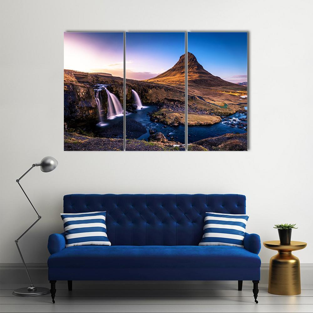 Kirkjufell Waterfall &amp; Mountain Canvas Wall Art-3 Horizontal-Gallery Wrap-37" x 24"-Tiaracle