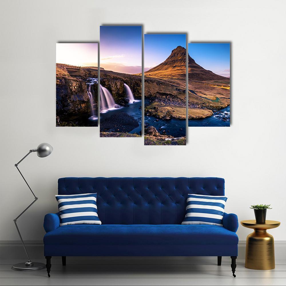Kirkjufell Waterfall & Mountain Canvas Wall Art-4 Pop-Gallery Wrap-50" x 32"-Tiaracle