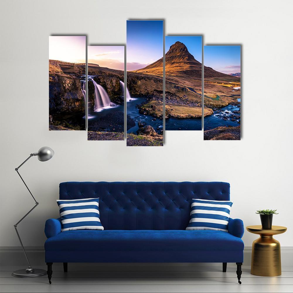 Kirkjufell Waterfall &amp; Mountain Canvas Wall Art-5 Pop-Gallery Wrap-47" x 32"-Tiaracle