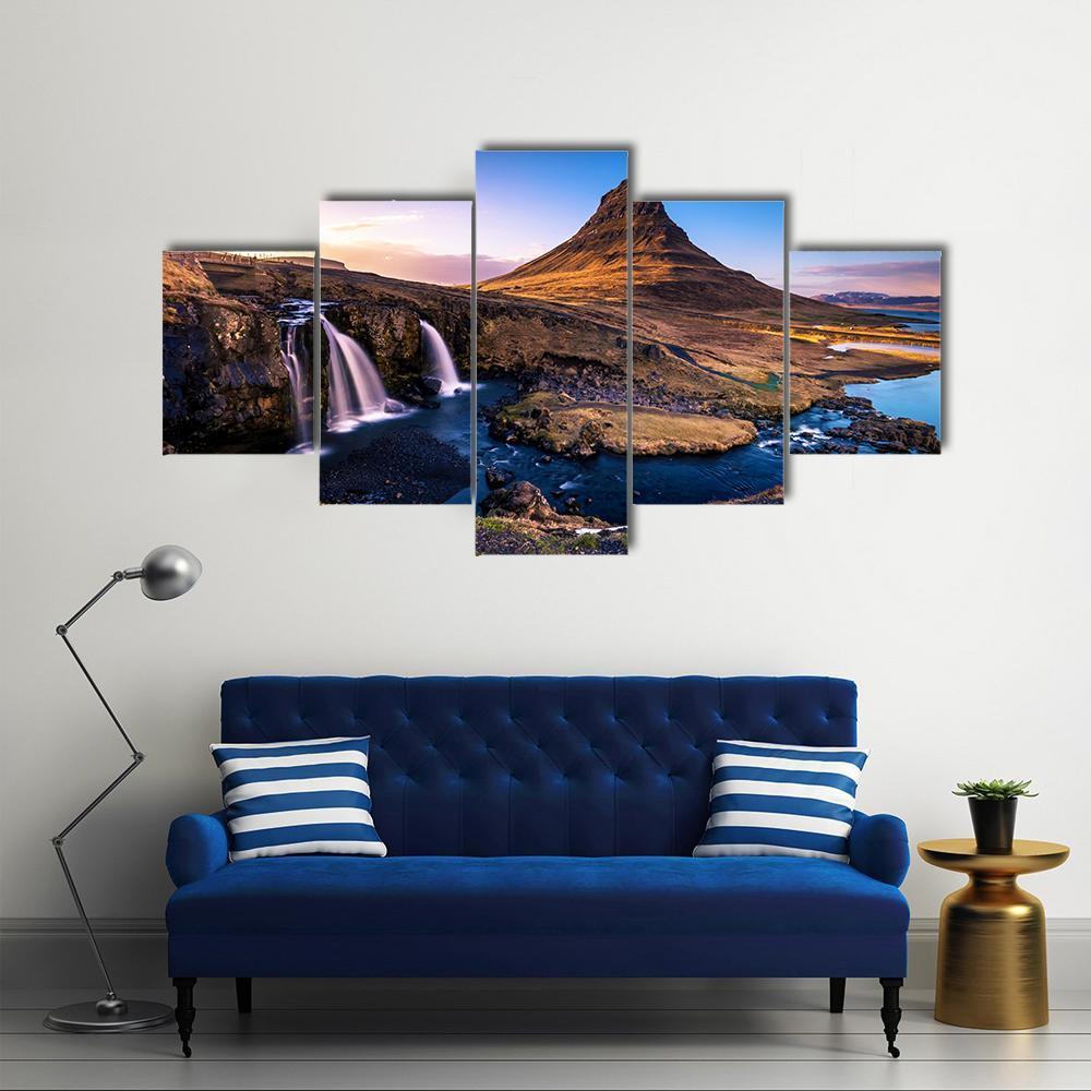 Kirkjufell Waterfall &amp; Mountain Canvas Wall Art-5 Star-Gallery Wrap-62" x 32"-Tiaracle