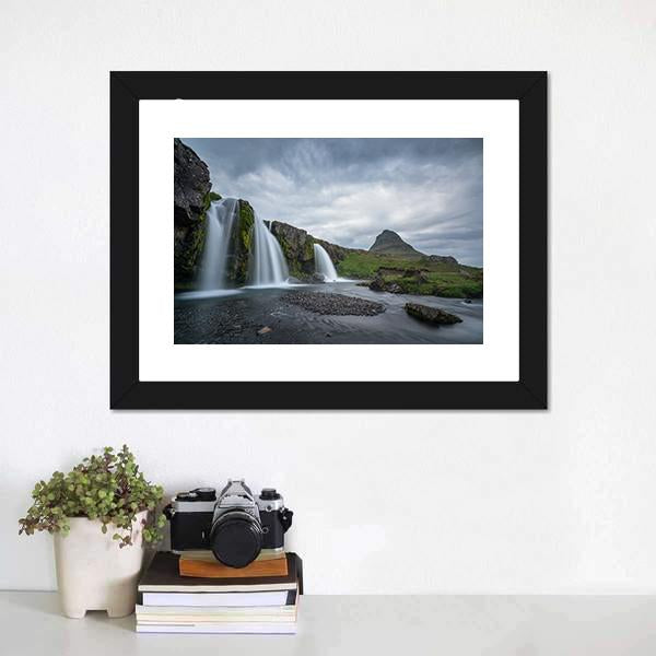 Kirkjufellsfoss On Cloudy Day Canvas Wall Art-1 Piece-Framed Print-20" x 16"-Tiaracle