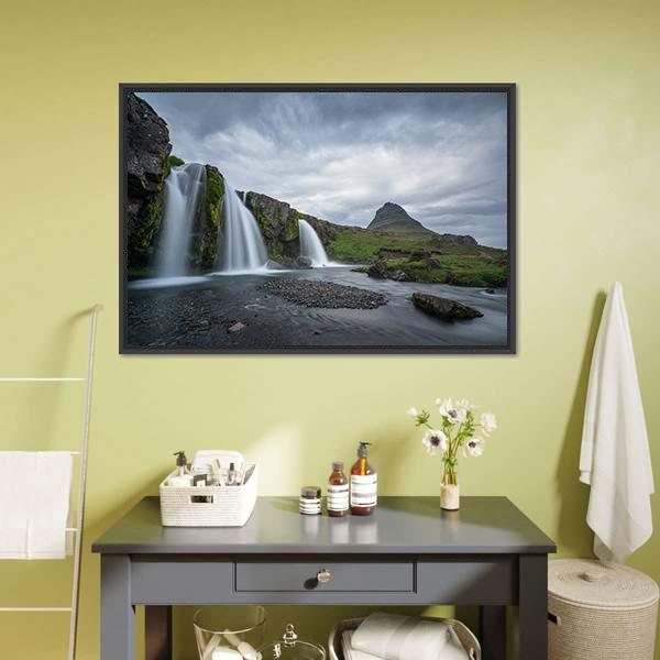 Kirkjufellsfoss On Cloudy Day Canvas Wall Art-1 Piece-Floating Frame-24" x 16"-Tiaracle