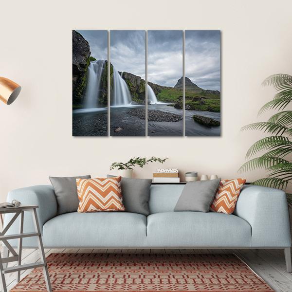 Kirkjufellsfoss On Cloudy Day Canvas Wall Art-4 Horizontal-Gallery Wrap-34" x 24"-Tiaracle